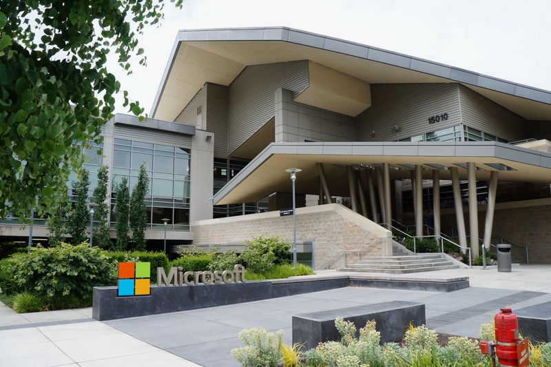 Microsoft Building 92 visitor center at the Redmond campus, with the Microsoft logo prominently displayed at the entrance