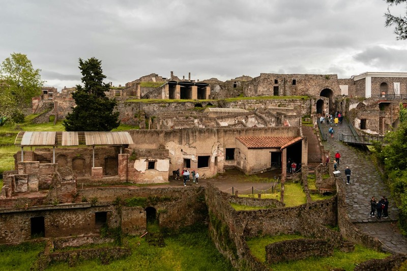 Ancient brick wall ruins in Pompeii, Italy