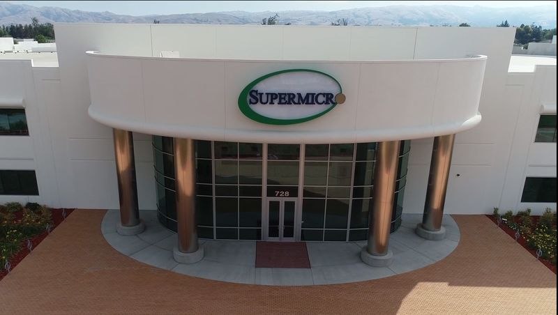 Supermicro Green Computing Park headquarters building in San Jose, California, showing the company's entrance with the Supermicro logo