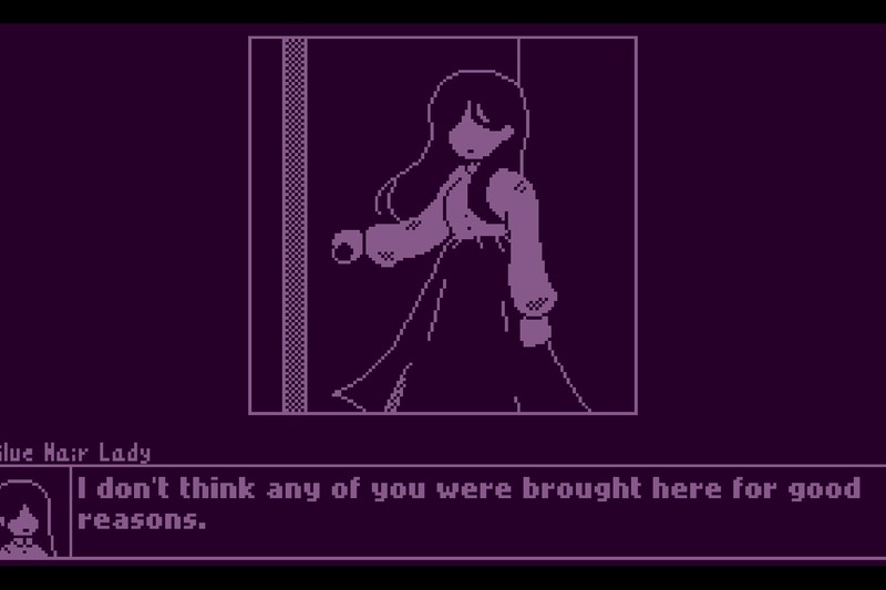 A pixel art character portrait of a woman with blue hair against a purple background, with dialogue text reading 'I don't think any of you were brought here for good reasons.'