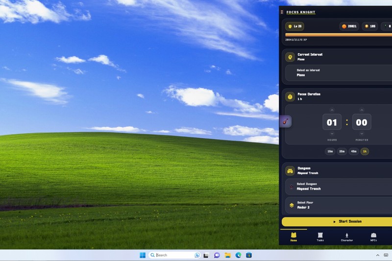Focus Knight productivity app showing a Pomodoro timer interface with session controls
