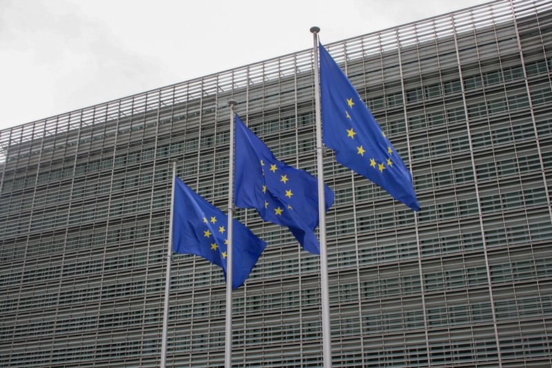 European Union flags flying in front of a modern institutional building under overcast skies