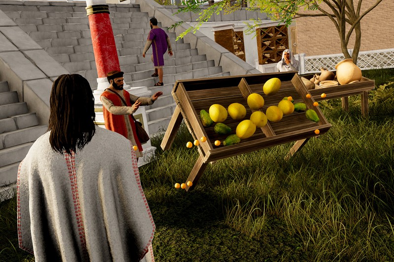 Screenshot from Jesus Simulator showing a robed figure approaching a vendor at a marketplace