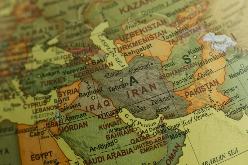 Map of the Middle East centered on Iran and surrounding countries