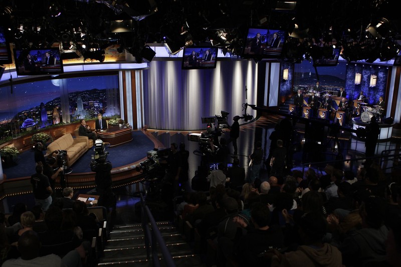 View from an audience seat from a late night talk show hosted by Conan O'Brien