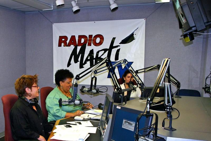 Radio Martí broadcast studio with professional audio equipment and monitoring stations