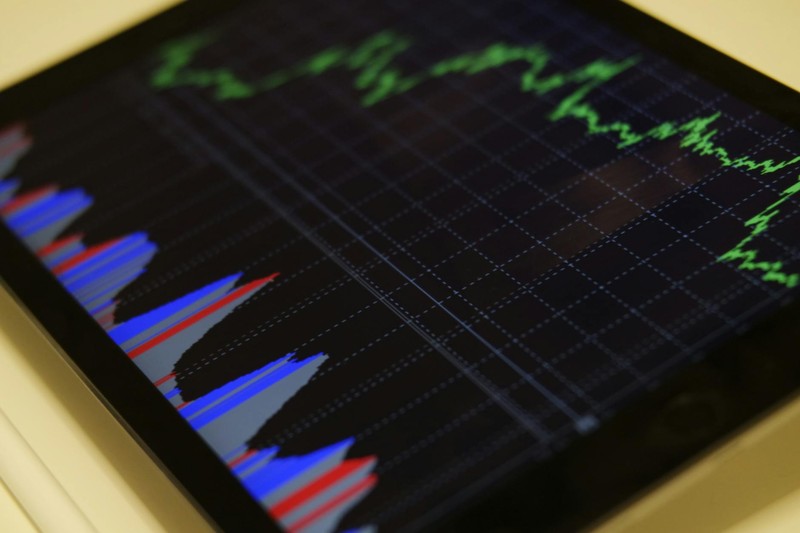 Digital tablet displaying stock market charts with colorful graphs showing trading data and price trends
