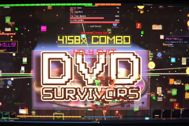 DVD Survivors game screenshot showing the title in neon text with a 4158X combo counter and bullet hell gameplay elements
