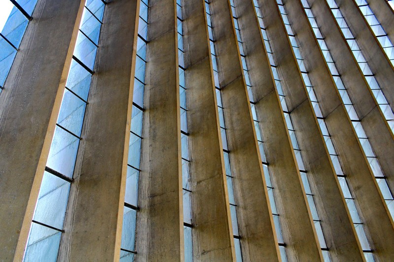 Abstract view of modern cathedral windows in Coventry, UK.