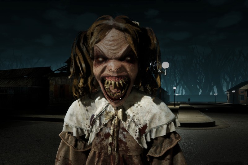 A grotesque, zombie-like girl in a tattered dress stands under a streetlight on a dark, deserted town street in a horror game screenshot