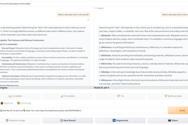 Screenshot of Chatbot Arena interface showing two AI chatbots responding to a user prompt