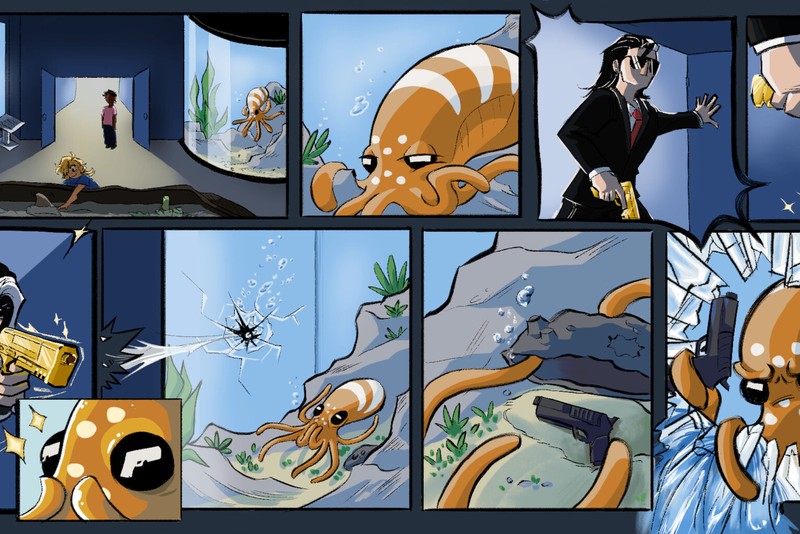 A comic strip showing an orange octopus escaping from an aquarium after encountering a gun-wielding man in a black suit
