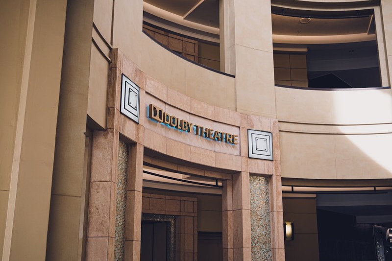 The entrance of the Dolby Theatre in Hollywood with the venue name prominently displayed above the doors