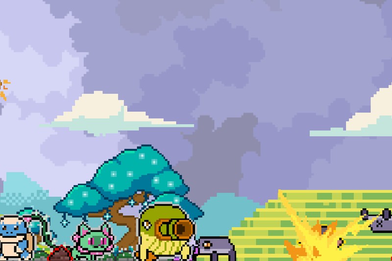 Pixel art screenshot from Winmon: Prologue showing colorful characters in a whimsical outdoor environment with an explosion