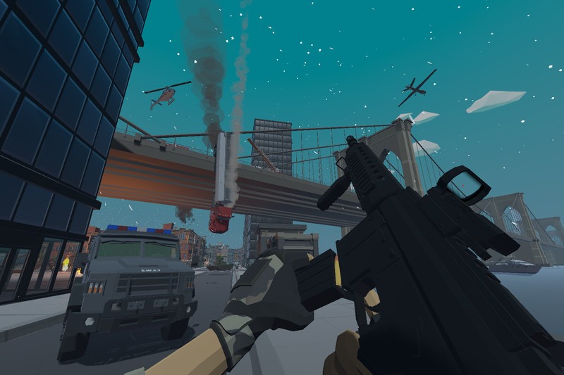 First-person shooter gameplay in Clownfield 6 showing a player holding an assault rifle on an urban street with a suspension bridge and smoke in the background
