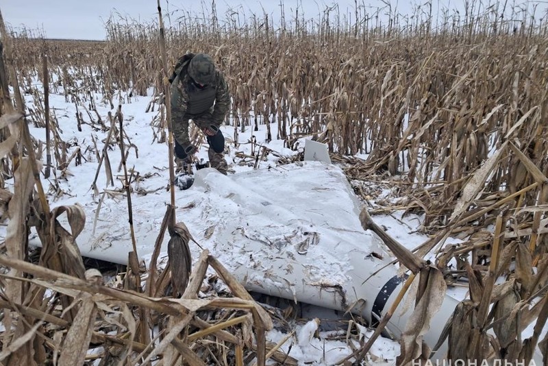 A military tactical officer inspects a downed kamikaze drone in a snowy rural field