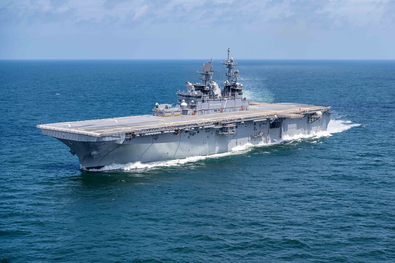 The amphibious assault ship USS Tripoli (LHA-7) underway at sea during builder's trials