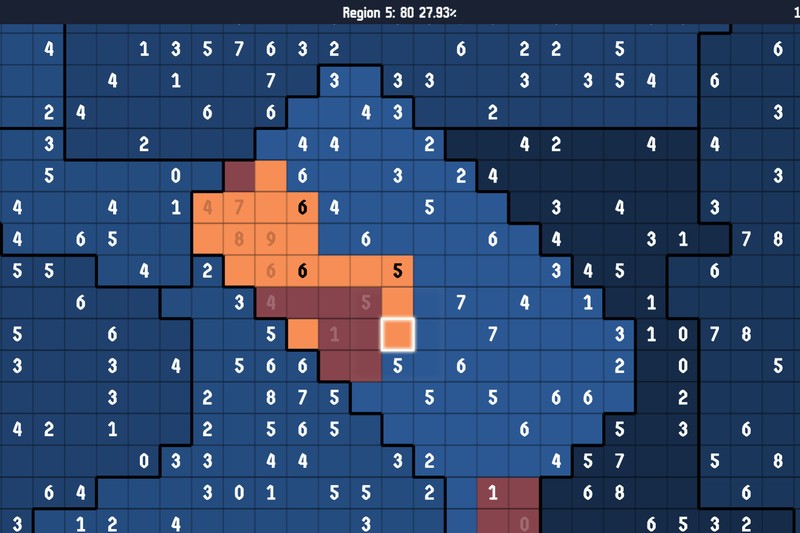 Screenshot of a Minesweeper-style puzzle game grid with numbered cells and colored blocks