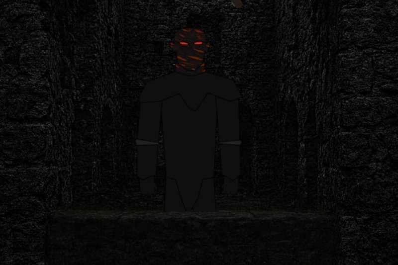 A dark shadowy figure with glowing red eyes looms in a dimly lit cave in Sotidrokhima 2: Against Eternity