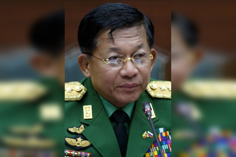 Portrait of Myanmar military chief Min Aung Hlaing during a meeting with Russia's defense minister