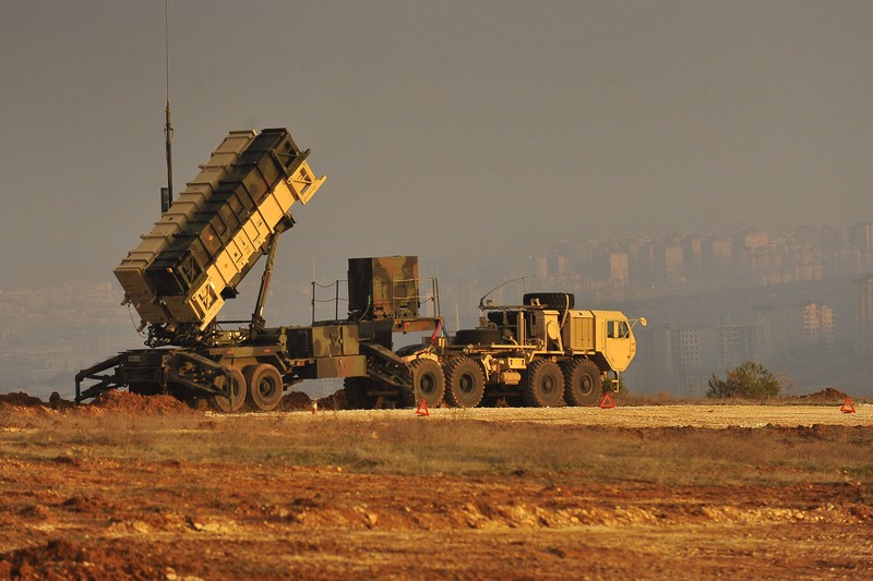 A Patriot missile battery deployed at a Turkish army base in Gaziantep, Turkey, with its launcher elevated in ready position
