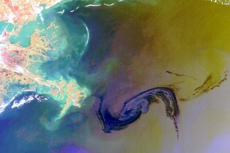 Satellite image showing oil spreading across the Gulf of Mexico after the Deepwater Horizon disaster