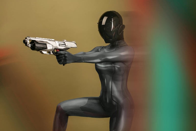 A futuristic warrior in sleek black armor aiming a sci-fi weapon in a dynamic combat stance