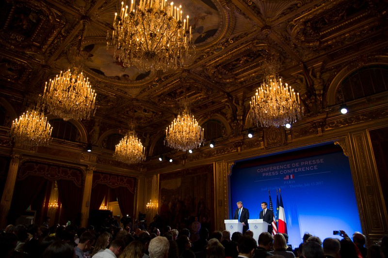 President Emmanuel Macron and President Donald Trump at a joint press conference at the Élysée Palace in Paris