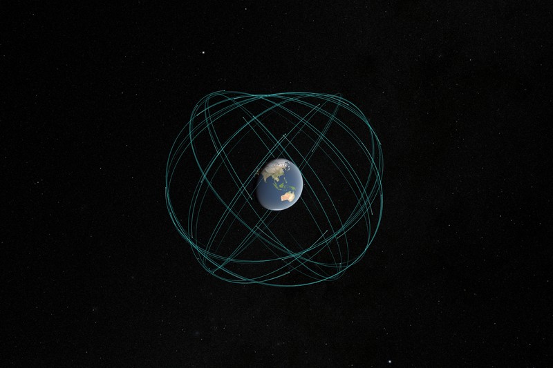 A 3D visualization of Earth surrounded by GPS satellite orbital paths showing the U.S. navigation satellite constellation