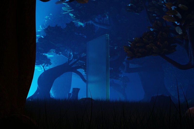 A mysterious glowing monolith standing in a dark, fog-shrouded forest with twisted trees and blue atmospheric lighting