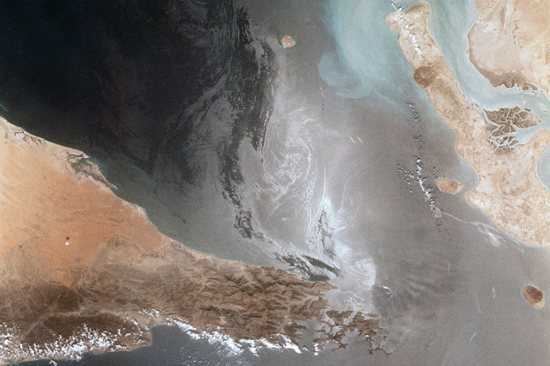 NASA satellite view of the Persian Gulf and Strait of Hormuz, showing Iran to the north and the Arabian Peninsula to the south