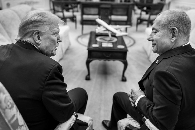 President Donald Trump and Israeli Prime Minister Benjamin Netanyahu in a formal meeting in the Oval Office