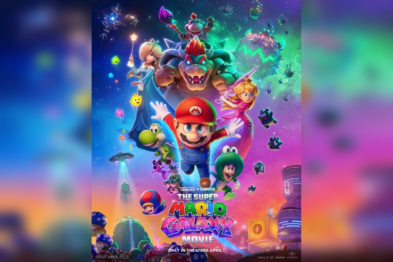 Promotional poster for the Super Mario Galaxy Movie featuring Mario, Bowser, Princess Peach, and other characters in a cosmic space-themed setting