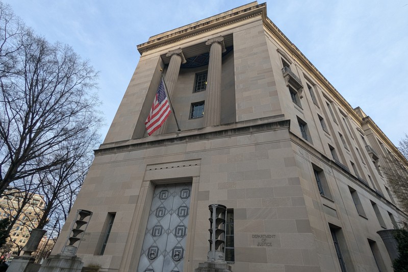 The exterior entrance of the Robert F. Kennedy Department of Justice Building in Washington, D.C.
