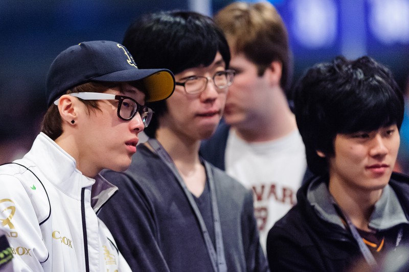 Four young gamers gathered together at the 2012 MLG Fall Championship esports event