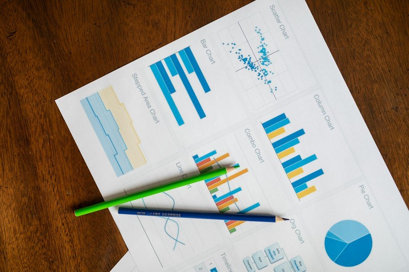 Colorful data charts and colored pencils arranged on a wooden desk surface