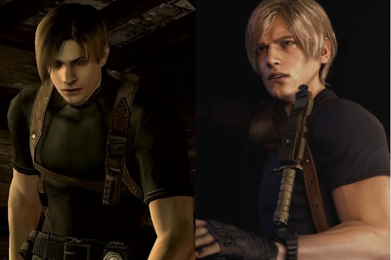 Side-by-side comparison of Leon S. Kennedy's character model in the original Resident Evil 4 (2005) and the 2023 remake, showing the evolution in graphics fidelity.
