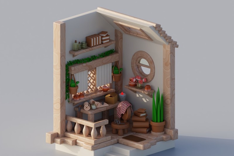 A 3D-rendered isometric scene of a cozy wooden cottage interior with shelves, potted plants, and rustic furnishings