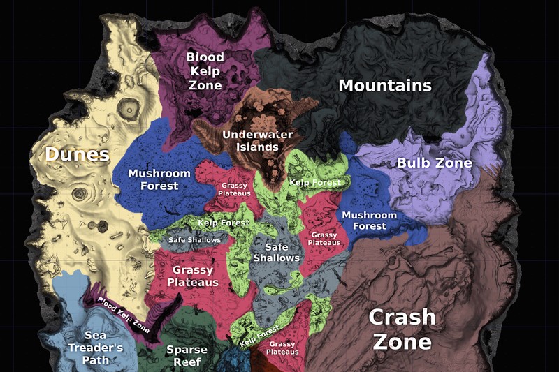 Color-coded map of Subnautica's underwater crater showing labeled biomes including Safe Shallows, Crash Zone, and Blood Kelp Zone