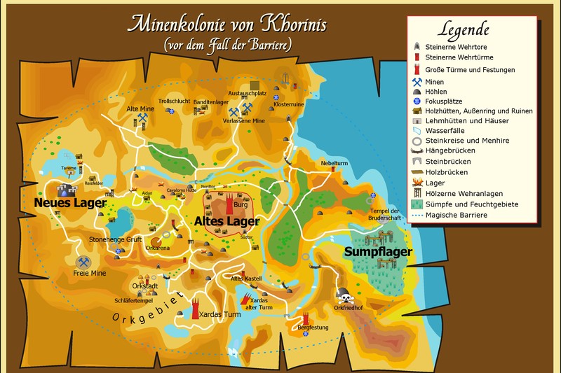 A fantasy-style map of the Mining Colony of Khorinis from the video game Gothic, showing camps, orc cities, mines, and the magical barrier