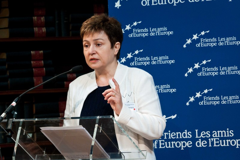 Kristalina Georgieva speaking at a podium at a Friends of Europe event