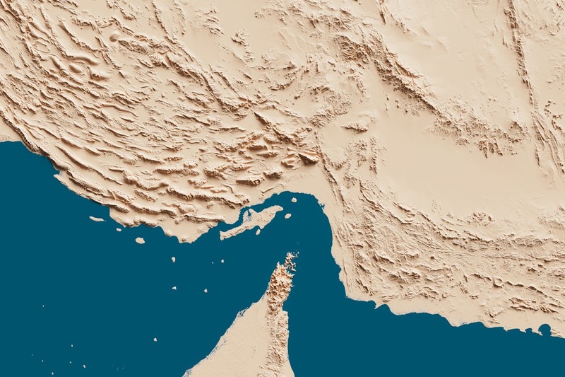 Topographical map of the Strait of Hormuz showing the narrow waterway between arid coastlines