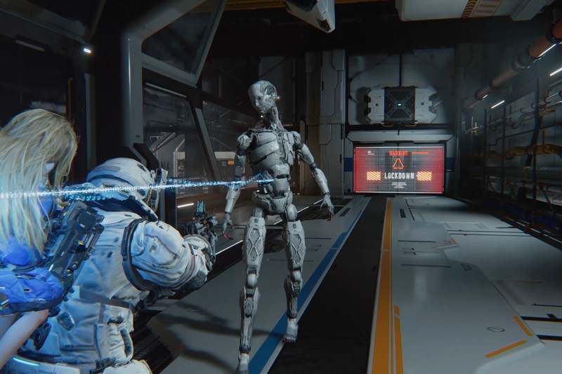 Gameplay screenshot from Pragmata showing an armored character confronting a robot in a futuristic corridor