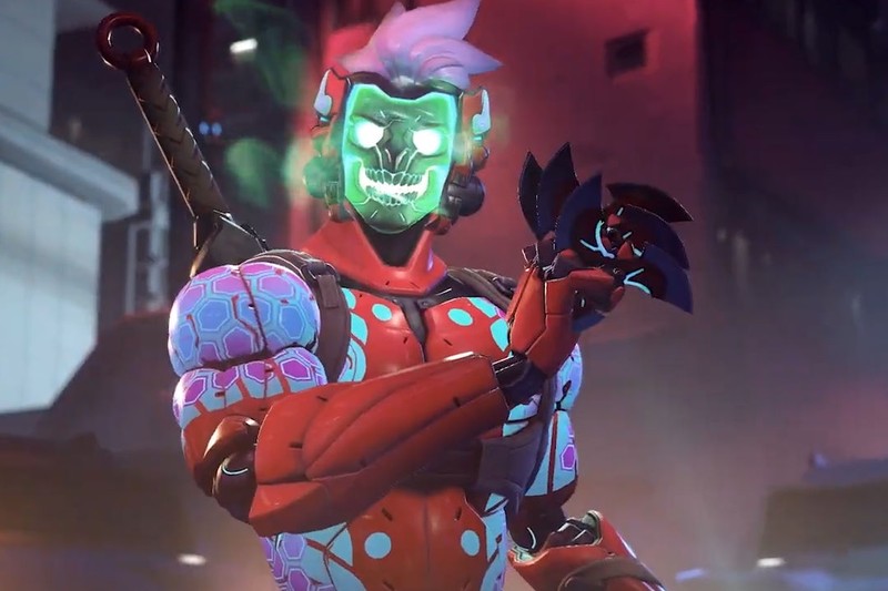The Cyber Demon skin for Genji in Overwatch 2, showing a red and purple armored character with a green skull mask holding a sword and demonic companion