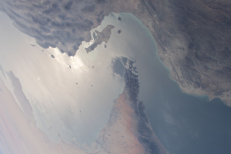 Satellite view of the Strait of Hormuz separating Iran from the Arabian Peninsula