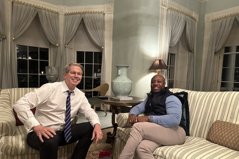 Treasury Secretary Scott Bessent meets with Senator Tim Scott in a formal sitting room