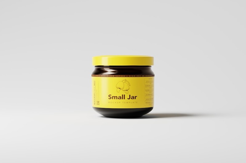 A small glass jar with a yellow lid and label, representing a packaged food product