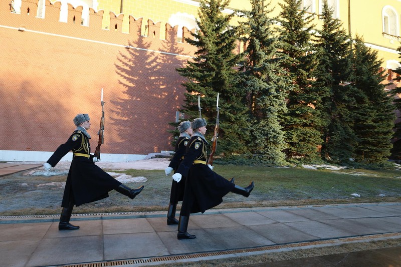 Ceremonial guards marching outside the Kremlin walls in Moscow