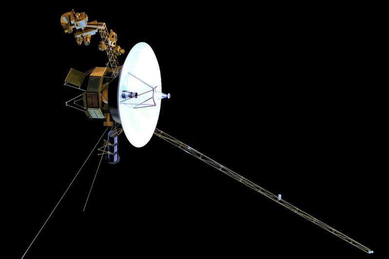 NASA artist's rendering of the Voyager spacecraft in mission configuration against a black background
