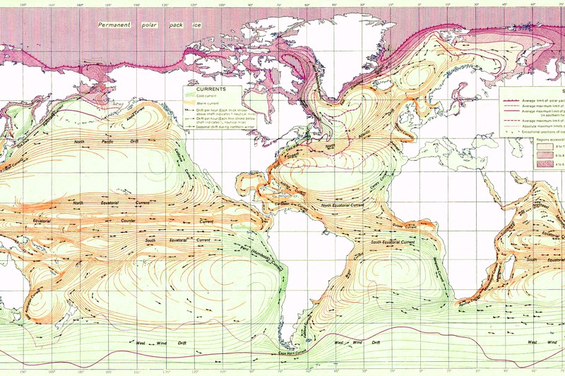 Vintage world map illustrating major ocean currents, including the Gulf Stream and North Atlantic currents, from a 1943 US Army atlas